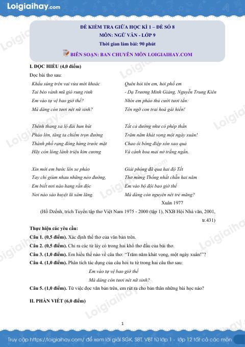 Đề thi giữa kì 1 Văn 9 - Đề số 8